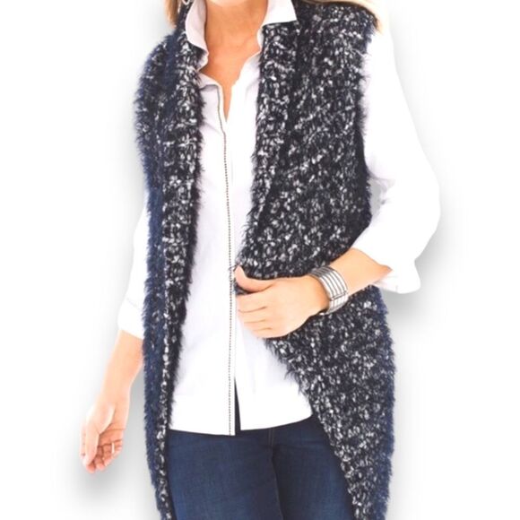 Black Sleeveless Roll Down Collar Mid Length Cardigan Sweater Vest NEW - Picture 1 of 4